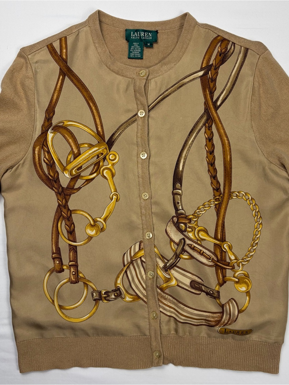 Lauren Ralph Lauren Tan Equestrian Print Cardigan